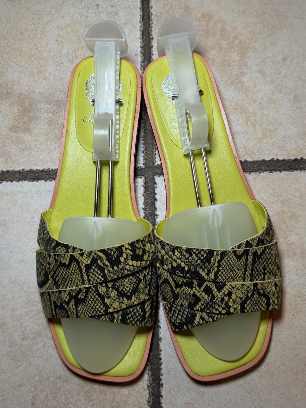 Vince Camuto Leather Snake-Print Slide Sandals - Electric Green/Black Size 9